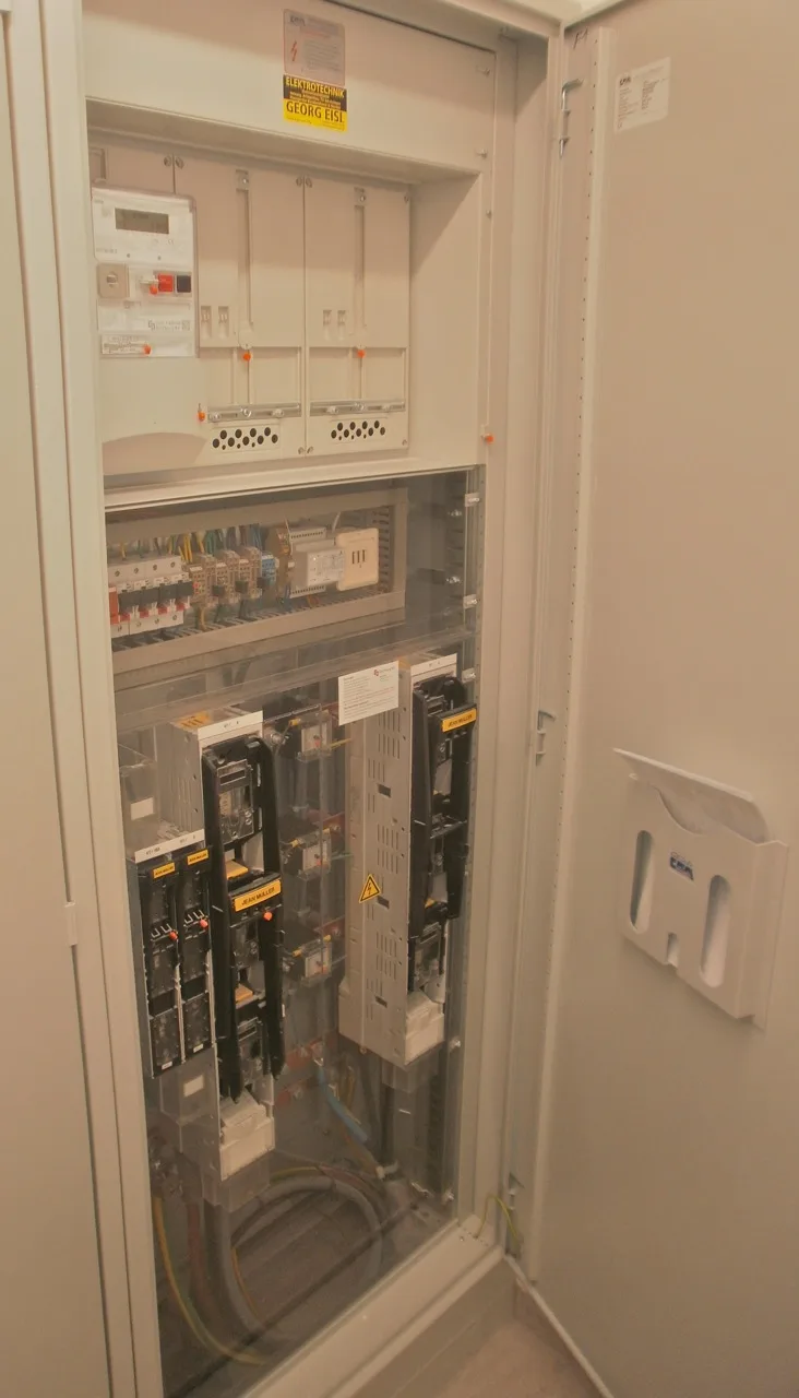 Geöffneter Zählerschrank in einer Wandnische